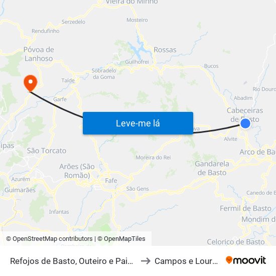 Refojos de Basto, Outeiro e Painzela to Campos e Louredo map