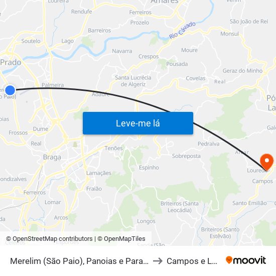 Merelim (São Paio), Panoias e Parada de Tibães to Campos e Louredo map