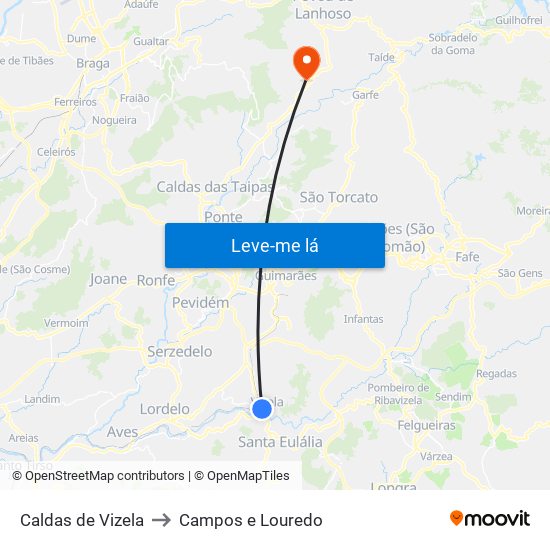 Caldas de Vizela to Campos e Louredo map