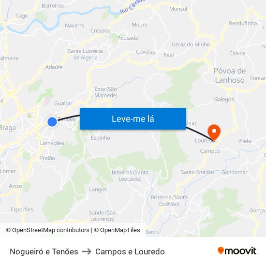 Nogueiró e Tenões to Campos e Louredo map