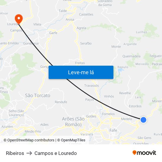 Ribeiros to Campos e Louredo map