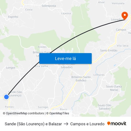 Sande (São Lourenço) e Balazar to Campos e Louredo map