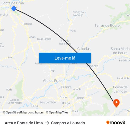 Arca e Ponte de Lima to Campos e Louredo map