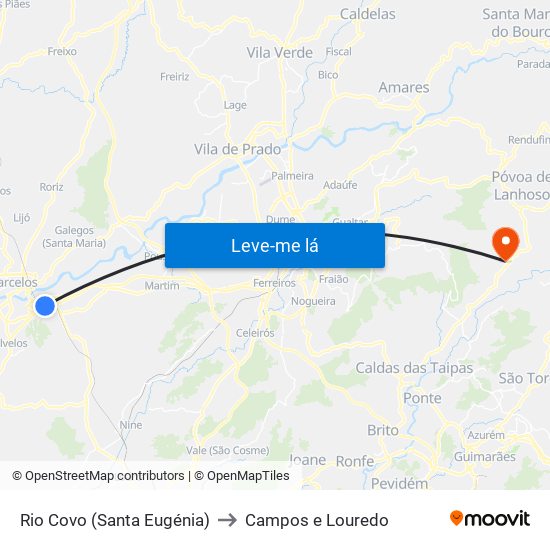 Rio Covo (Santa Eugénia) to Campos e Louredo map
