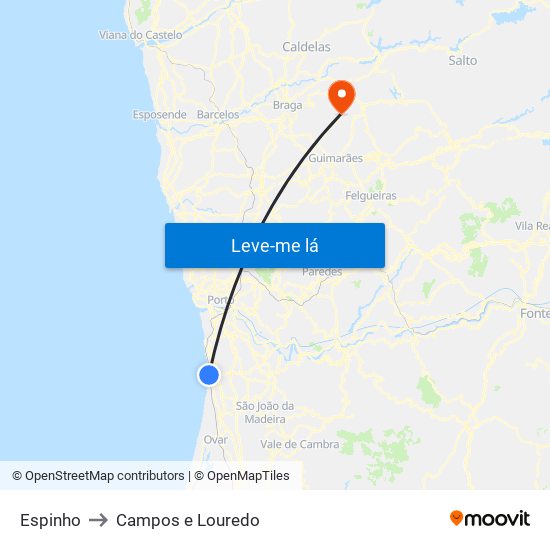 Espinho to Campos e Louredo map