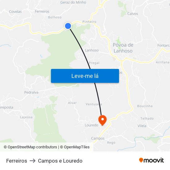 Ferreiros to Campos e Louredo map