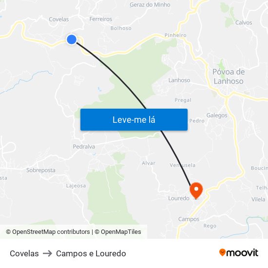 Covelas to Campos e Louredo map