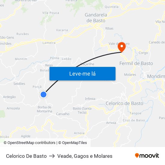 Celorico De Basto to Veade, Gagos e Molares map