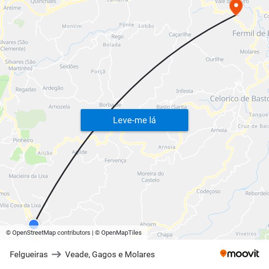 Felgueiras to Veade, Gagos e Molares map