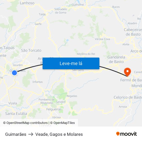 Guimarães to Veade, Gagos e Molares map