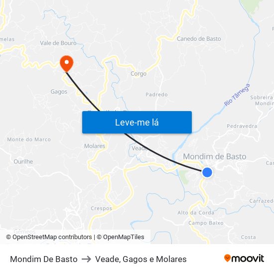Mondim De Basto to Veade, Gagos e Molares map