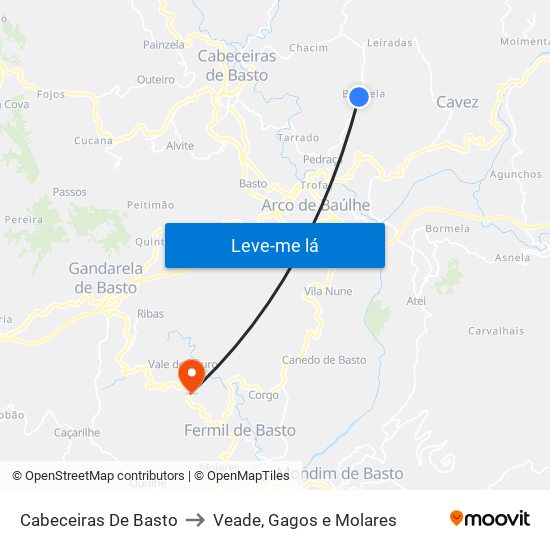 Cabeceiras De Basto to Veade, Gagos e Molares map