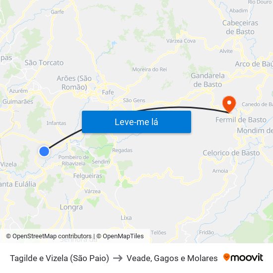 Tagilde e Vizela (São Paio) to Veade, Gagos e Molares map