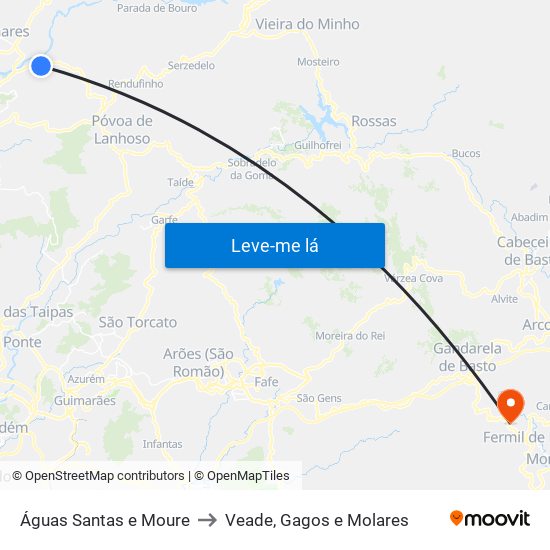 Águas Santas e Moure to Veade, Gagos e Molares map