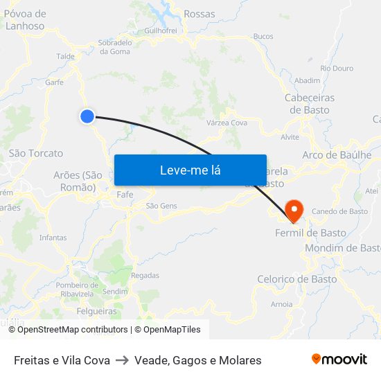 Freitas e Vila Cova to Veade, Gagos e Molares map