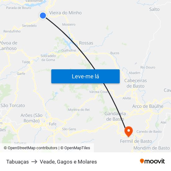 Tabuaças to Veade, Gagos e Molares map