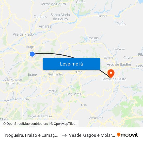 Nogueira, Fraião e Lamaçães to Veade, Gagos e Molares map