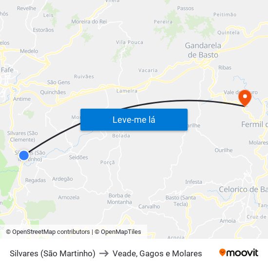 Silvares (São Martinho) to Veade, Gagos e Molares map