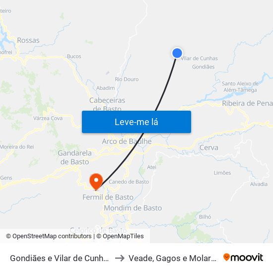 Gondiães e Vilar de Cunhas to Veade, Gagos e Molares map