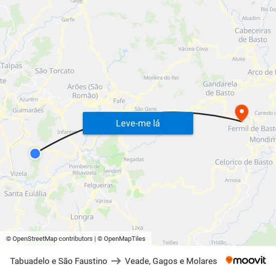 Tabuadelo e São Faustino to Veade, Gagos e Molares map