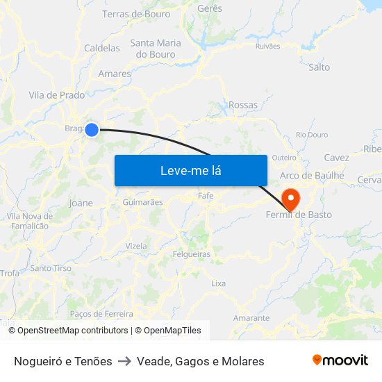 Nogueiró e Tenões to Veade, Gagos e Molares map