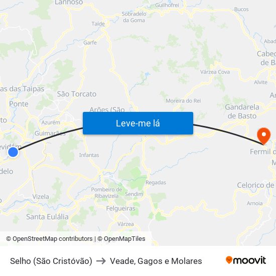 Selho (São Cristóvão) to Veade, Gagos e Molares map
