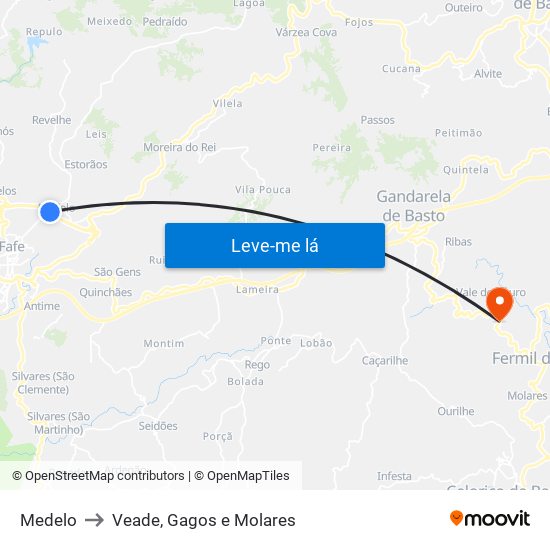 Medelo to Veade, Gagos e Molares map