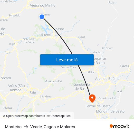 Mosteiro to Veade, Gagos e Molares map