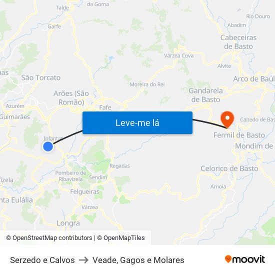 Serzedo e Calvos to Veade, Gagos e Molares map