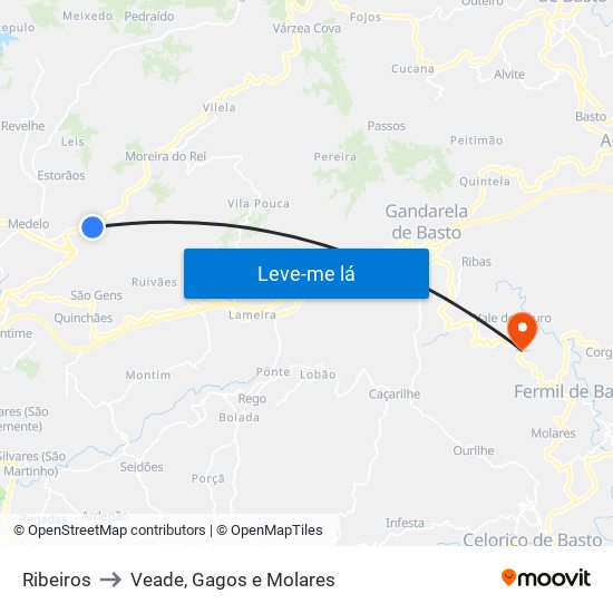 Ribeiros to Veade, Gagos e Molares map