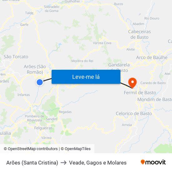 Arões (Santa Cristina) to Veade, Gagos e Molares map
