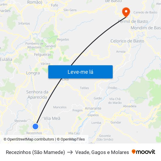 Recezinhos (São Mamede) to Veade, Gagos e Molares map