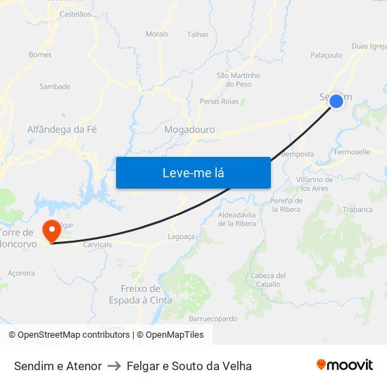 Sendim e Atenor to Felgar e Souto da Velha map
