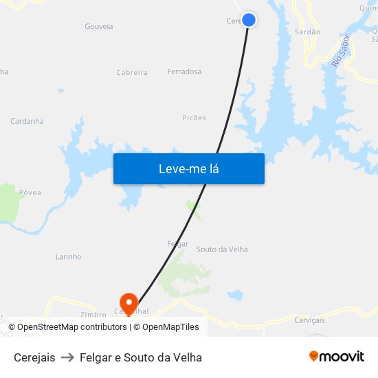 Cerejais to Felgar e Souto da Velha map