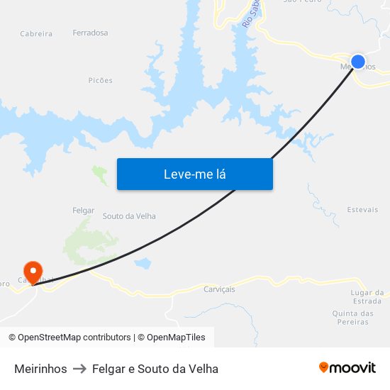 Meirinhos to Felgar e Souto da Velha map