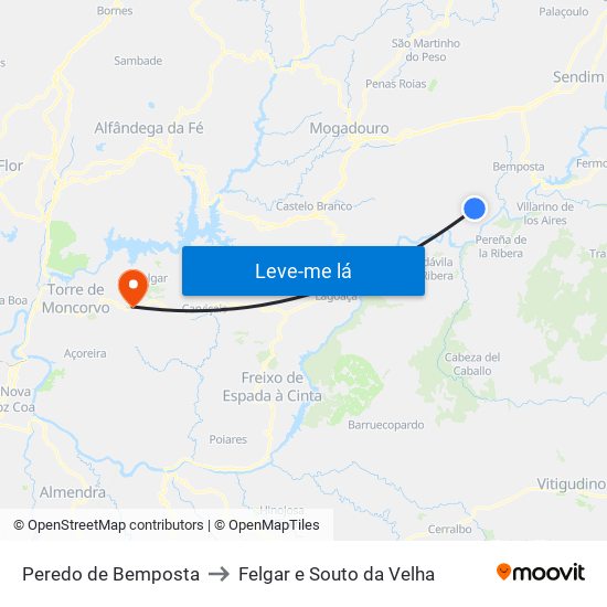 Peredo de Bemposta to Felgar e Souto da Velha map