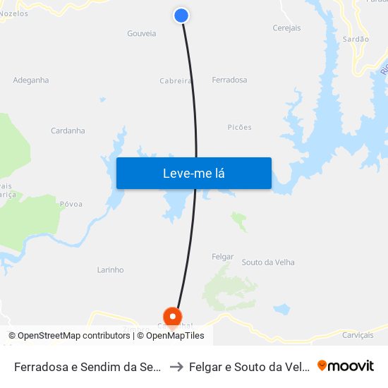 Ferradosa e Sendim da Serra to Felgar e Souto da Velha map