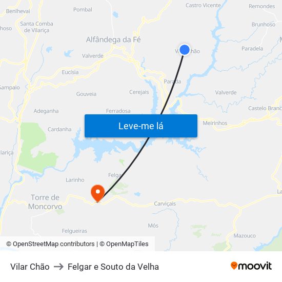 Vilar Chão to Felgar e Souto da Velha map