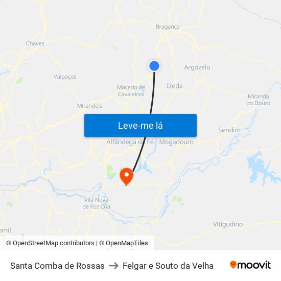 Santa Comba de Rossas to Felgar e Souto da Velha map