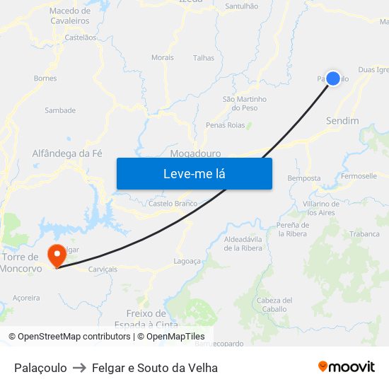 Palaçoulo to Felgar e Souto da Velha map