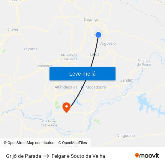 Grijó de Parada to Felgar e Souto da Velha map