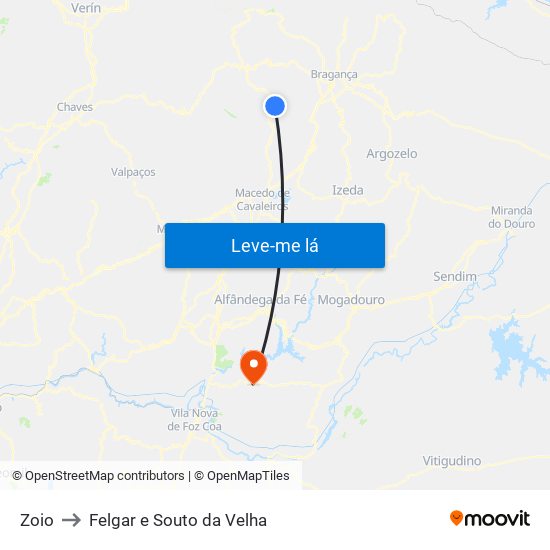Zoio to Felgar e Souto da Velha map