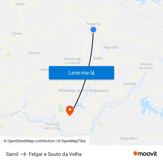 Samil to Felgar e Souto da Velha map