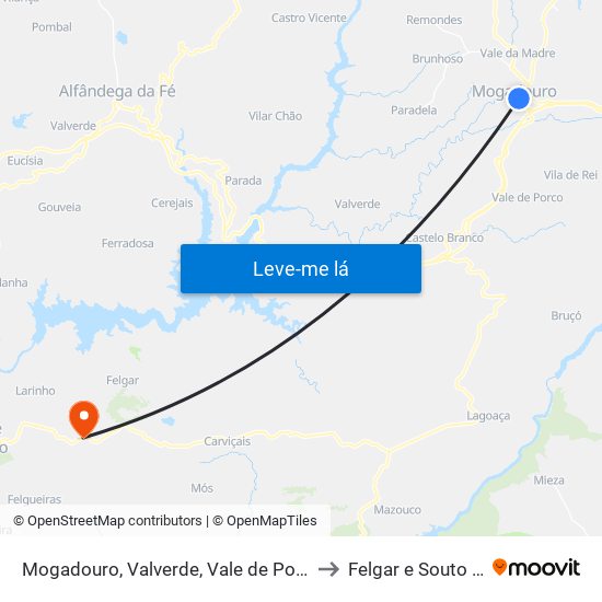 Mogadouro, Valverde, Vale de Porco e Vilar de Rei to Felgar e Souto da Velha map
