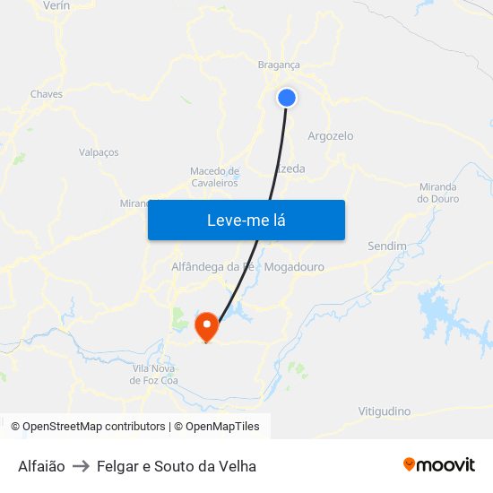 Alfaião to Felgar e Souto da Velha map