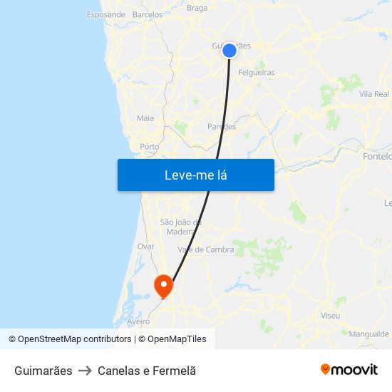 Guimarães to Canelas e Fermelã map
