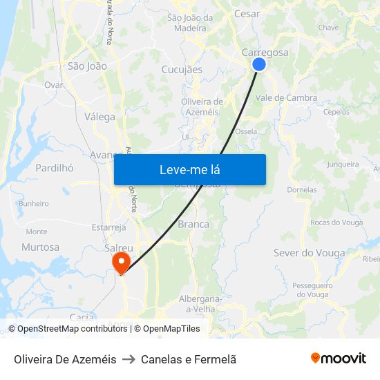Oliveira De Azeméis to Canelas e Fermelã map