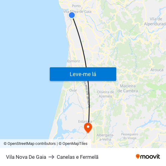 Vila Nova De Gaia to Canelas e Fermelã map