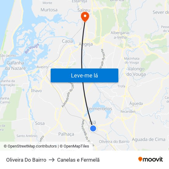 Oliveira Do Bairro to Canelas e Fermelã map