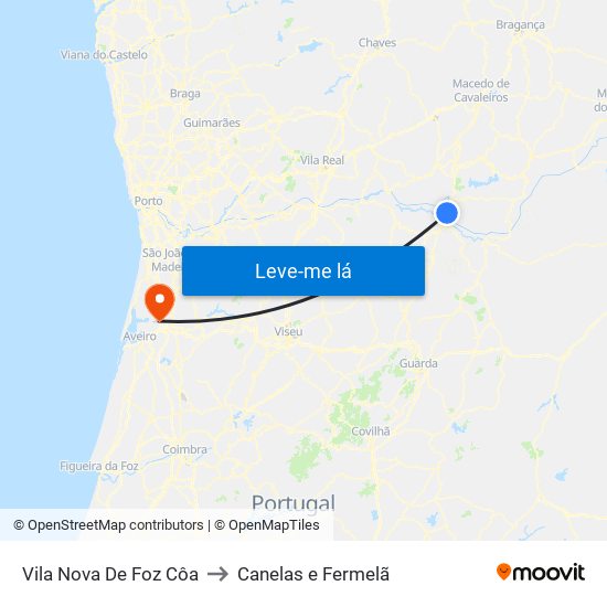 Vila Nova De Foz Côa to Canelas e Fermelã map